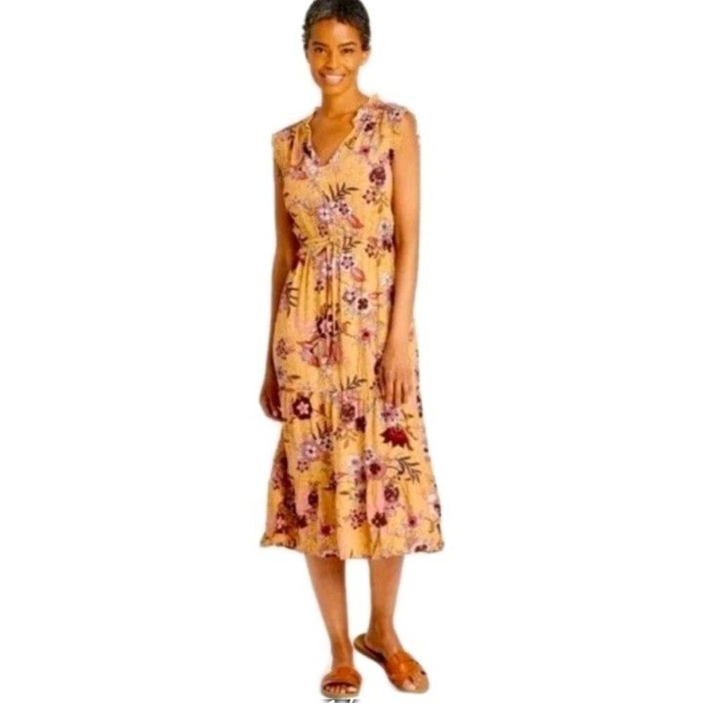 Knox Rose Women's Bohemian Yellow Floral Tiered Midi Dress Size Med